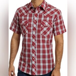 Wrangler Men's Short Sleeve Pearl Snap Plaid Western Shirt Red Size Medium